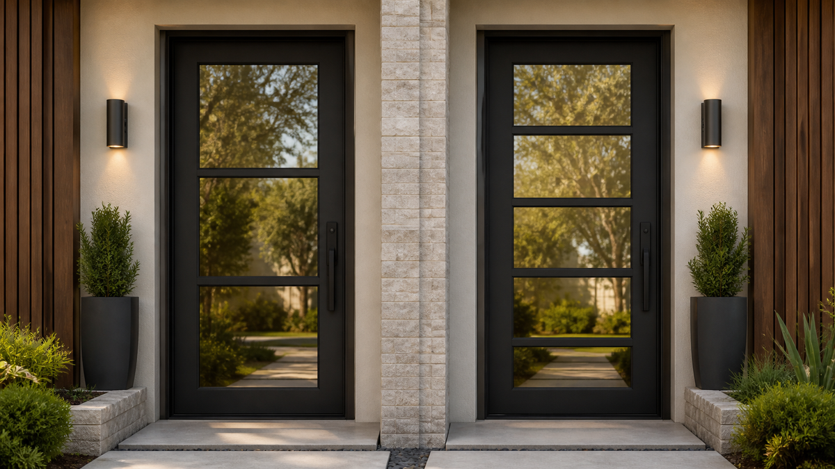 Side-by-side black steel entry doors comparing three glass lites on the left with four glass lites on the right