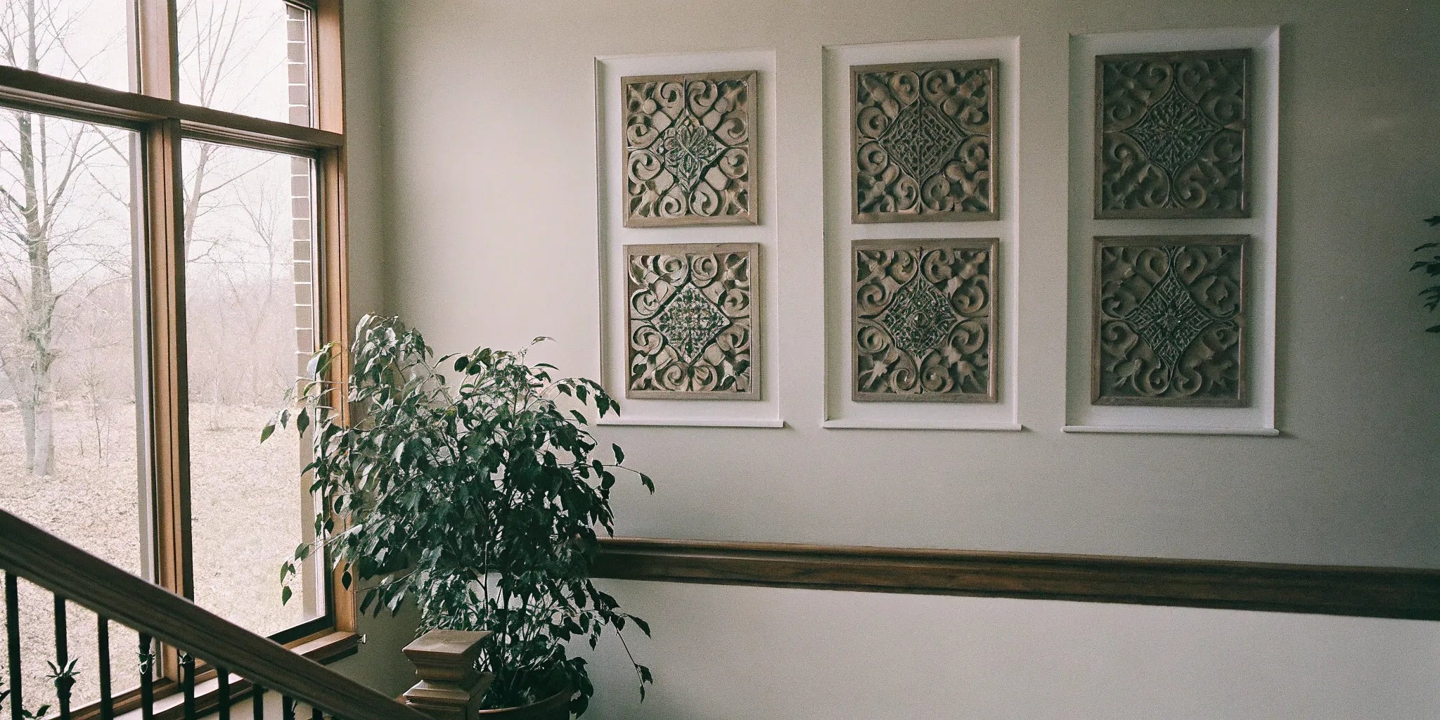 Textured 3D wall panels add depth to a modern Michigan home.