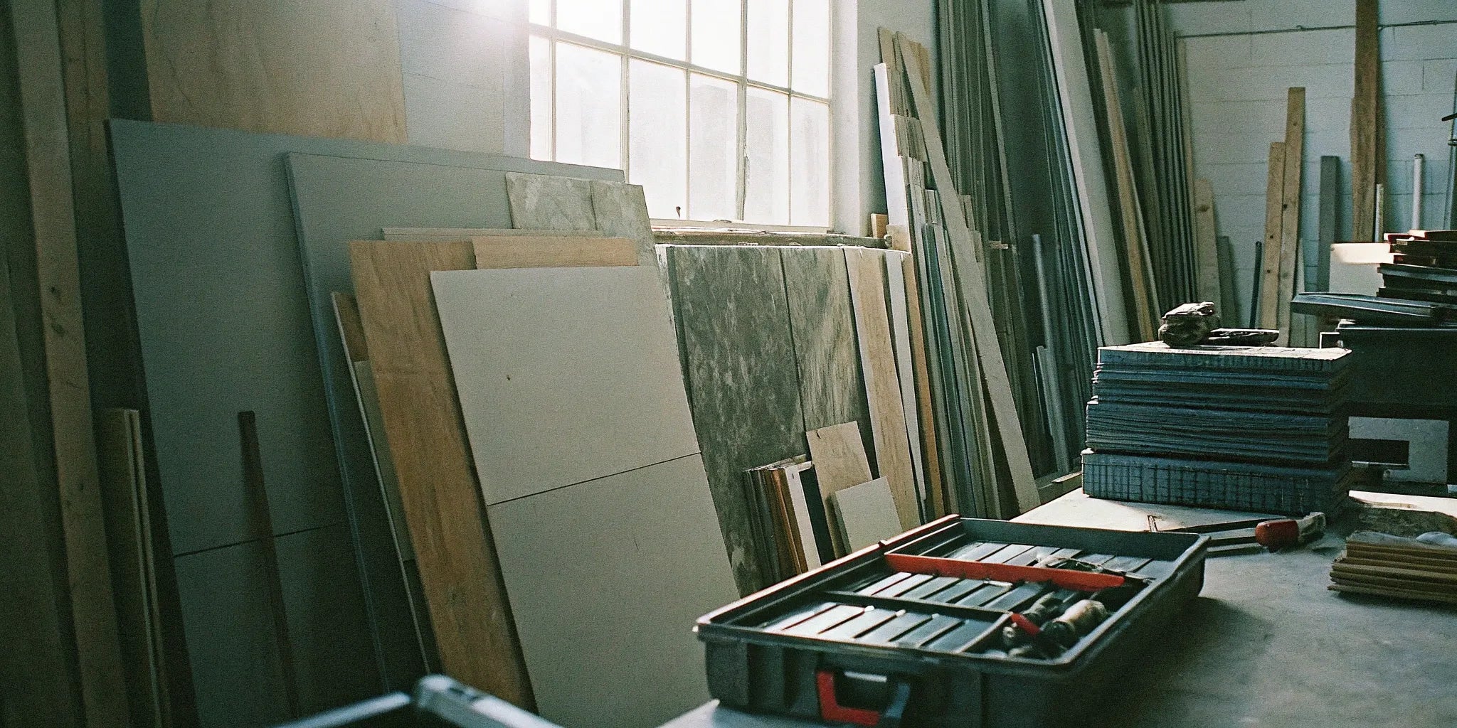 Building materials stacked in a workshop from the best place to buy supplies online.