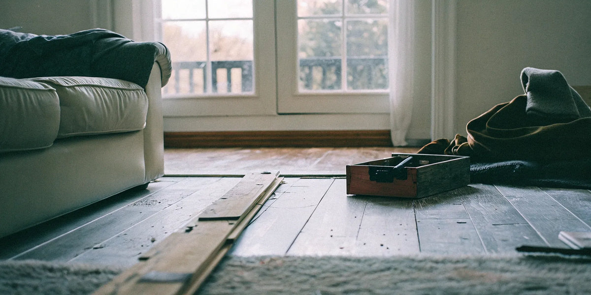 Scratched engineered wood flooring with gaps and repair tools, showing common disadvantages.