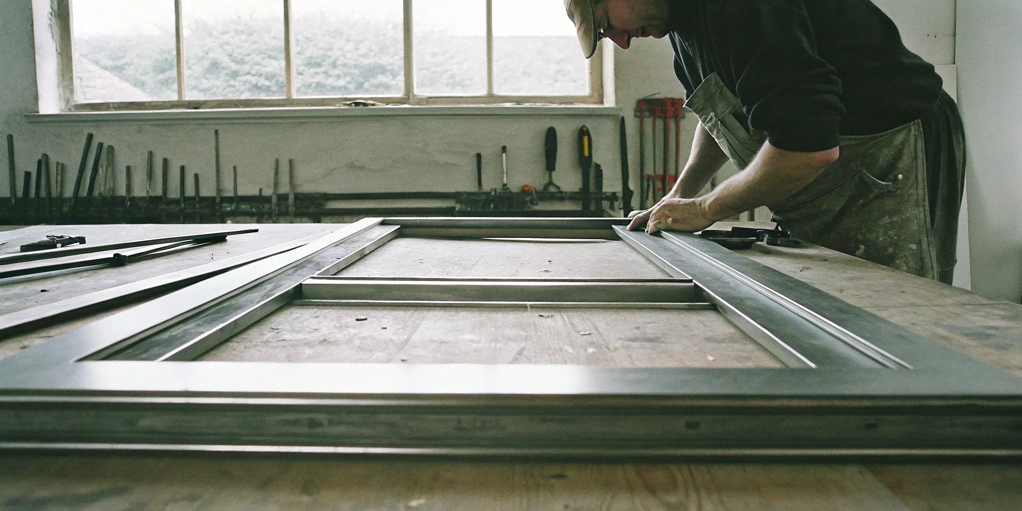 A worker from one of the best custom steel window manufacturers assembles a frame.