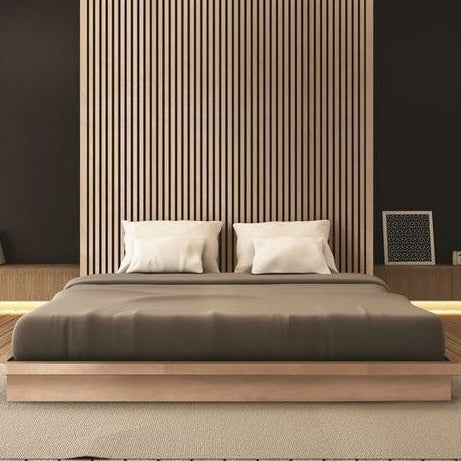 wood slat acoustic wall panels installed floor to ceiling