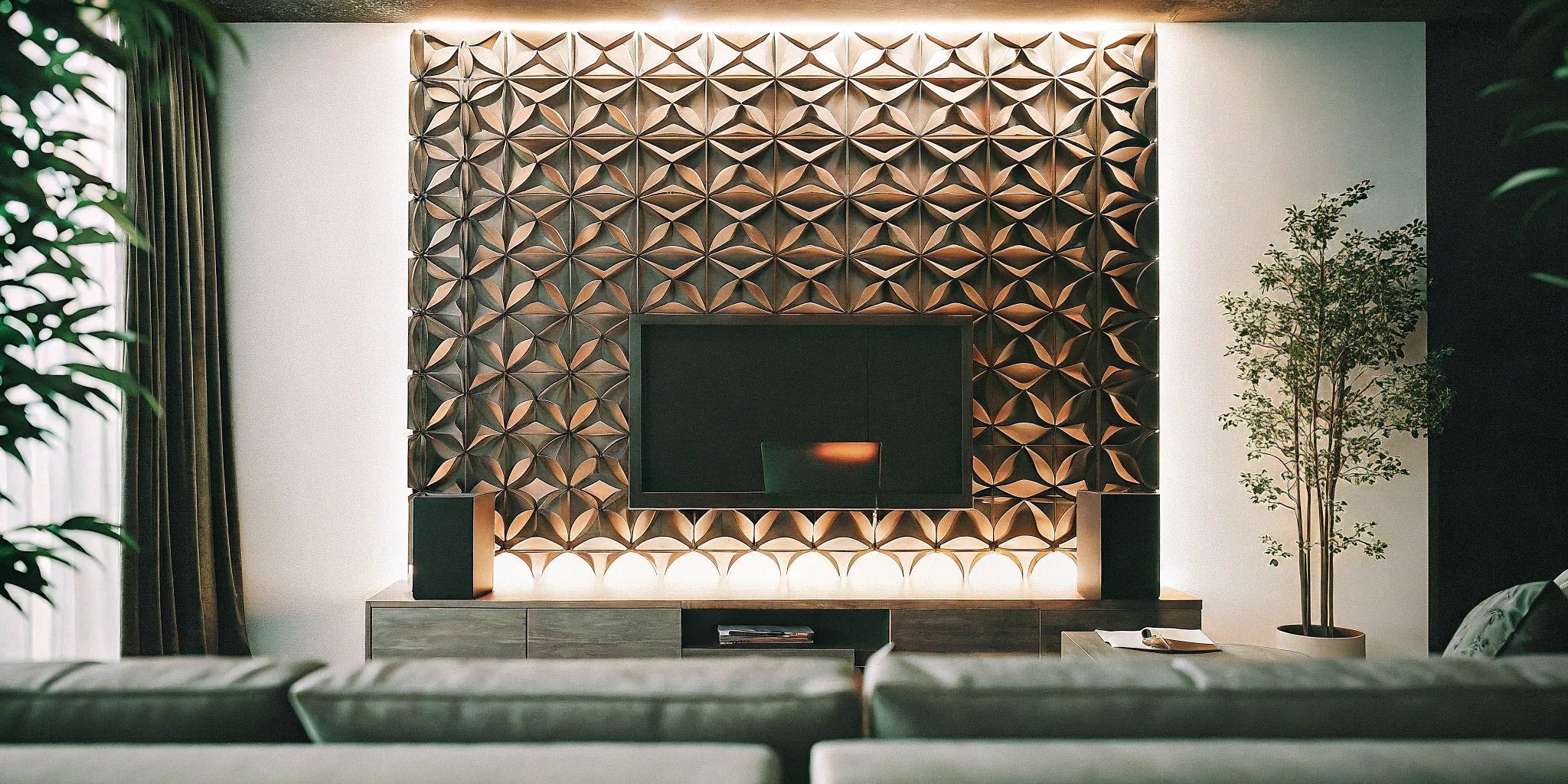 3D wall panels with LED lights creating a modern accent wall behind a living room TV.