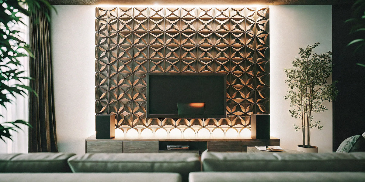 3D wall panels with LED lights creating a modern accent wall behind a living room TV.
