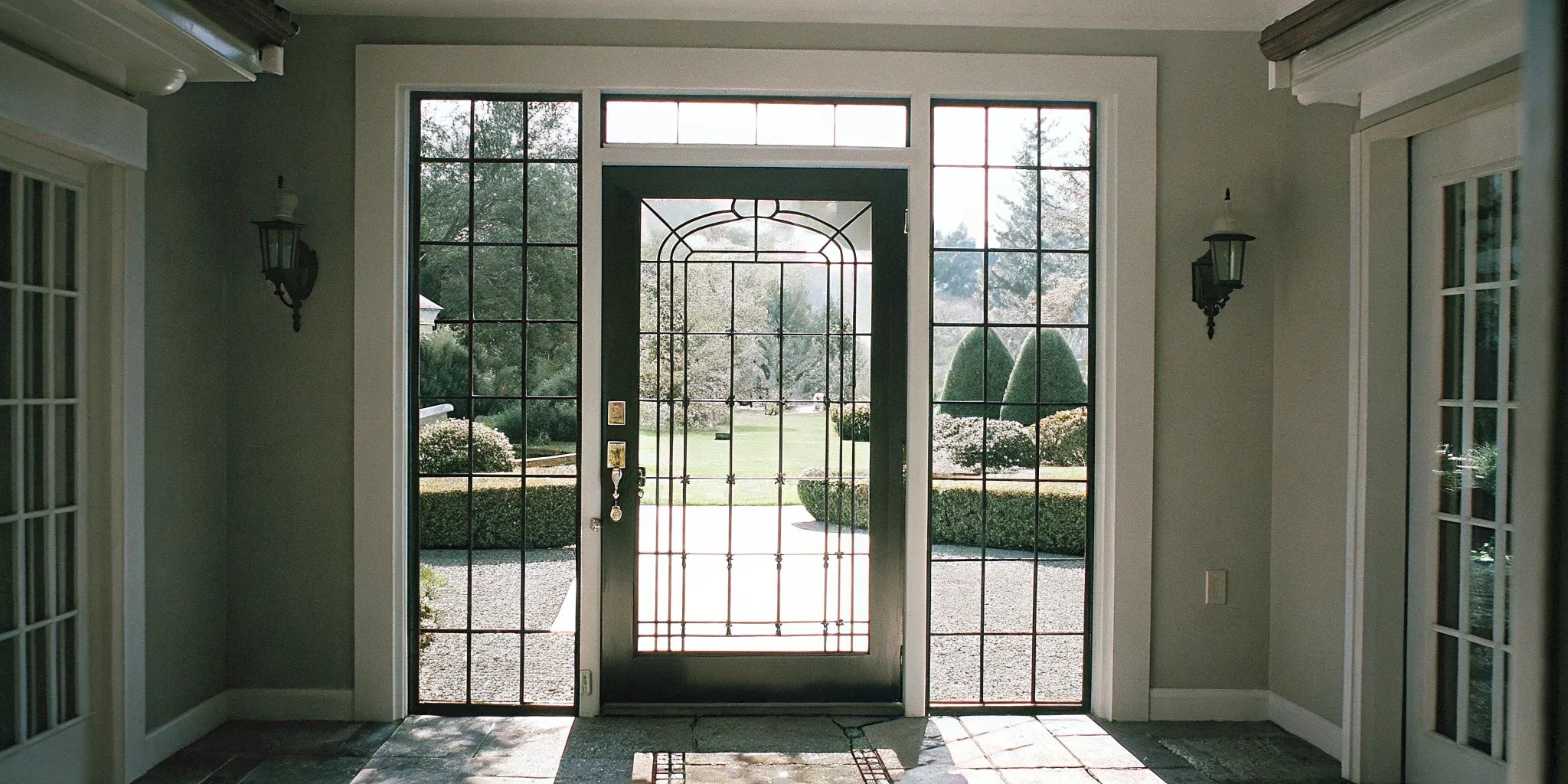 A modern and secure exterior steel door with glass sidelights.
