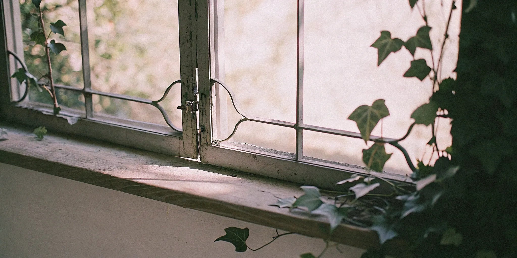 Old metal casement window with a black frame and vintage latch.
