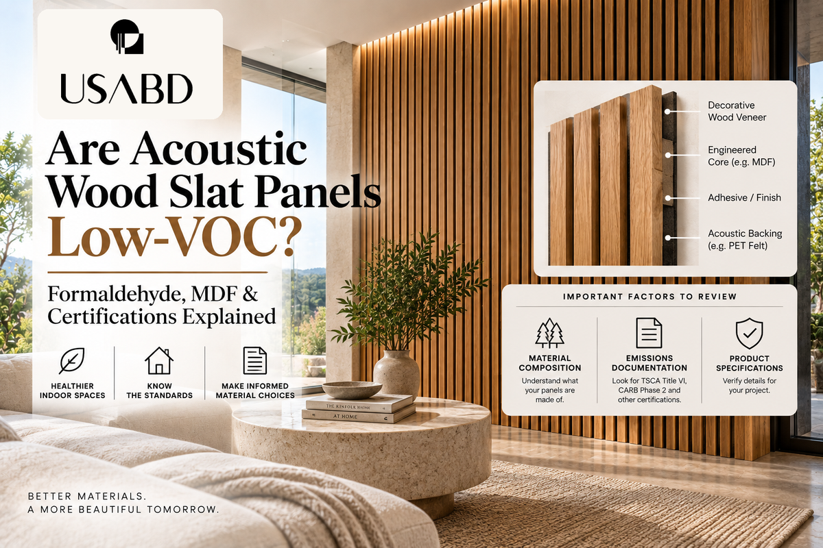 USA Builders Depot Low-VOC acoustic wood slat panels article with approved brand logo
