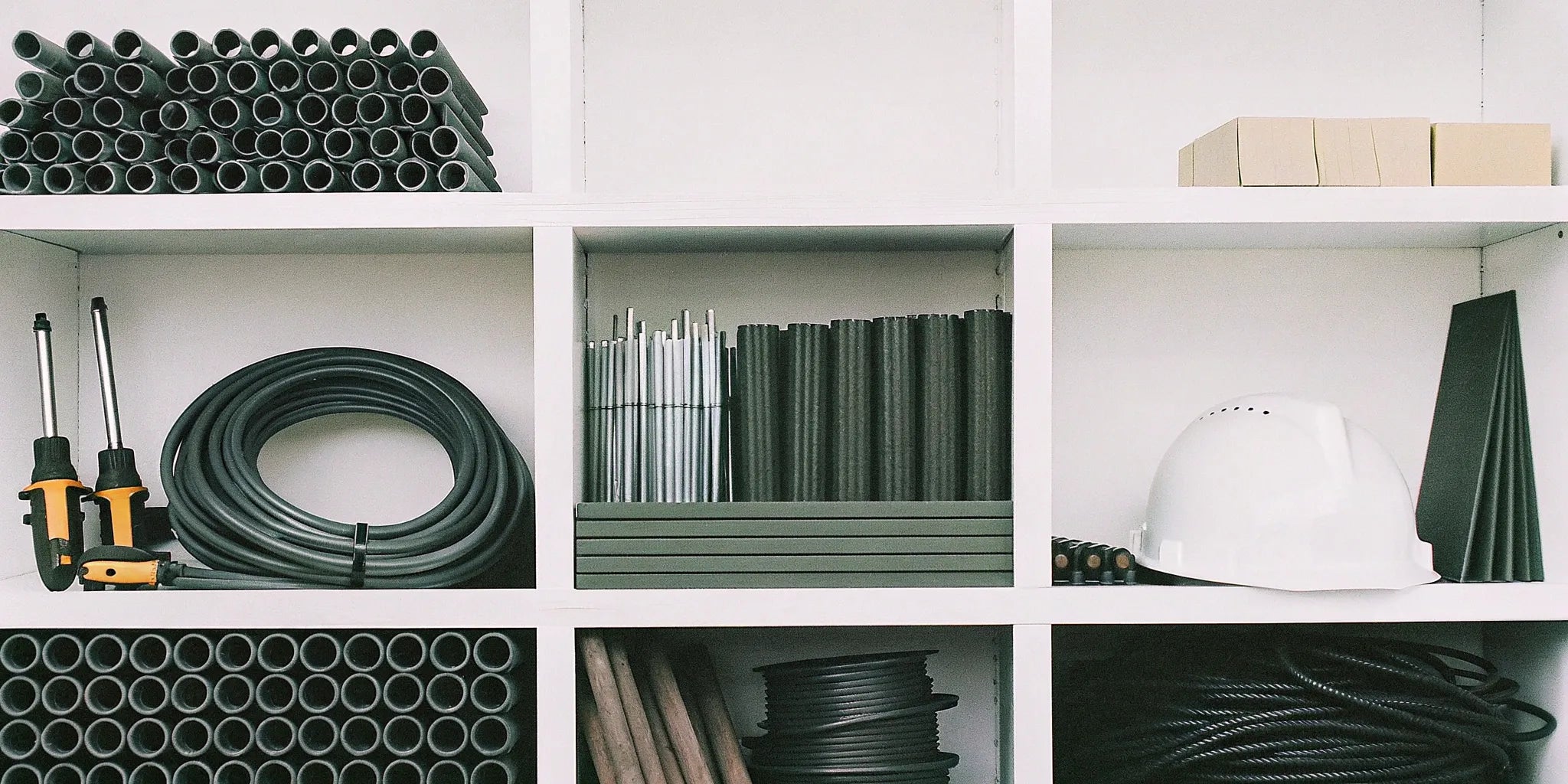 Warehouse shelves of building supplies for professional contractors in Michigan.