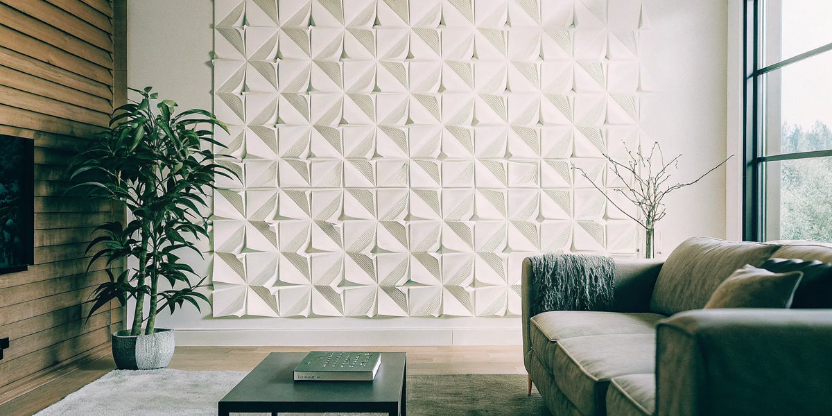 Peel and stick 3D wall panels add a modern geometric pattern to a living room.