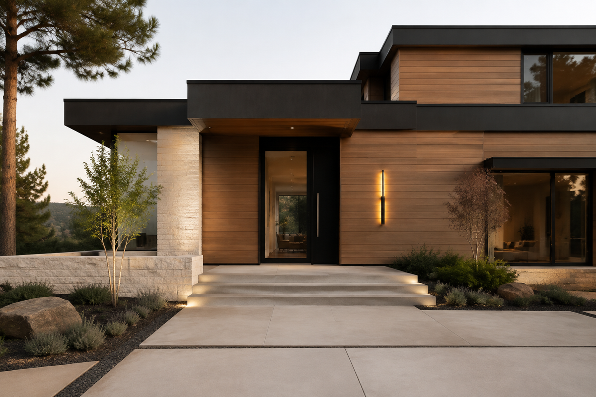 Modern custom home combining a black steel entrance, warm cladding, pale stone, and architectural lighting