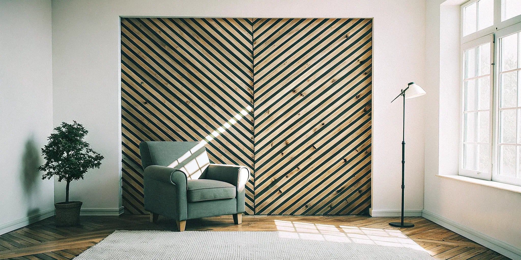 Wood slat accent wall in a modern living room.