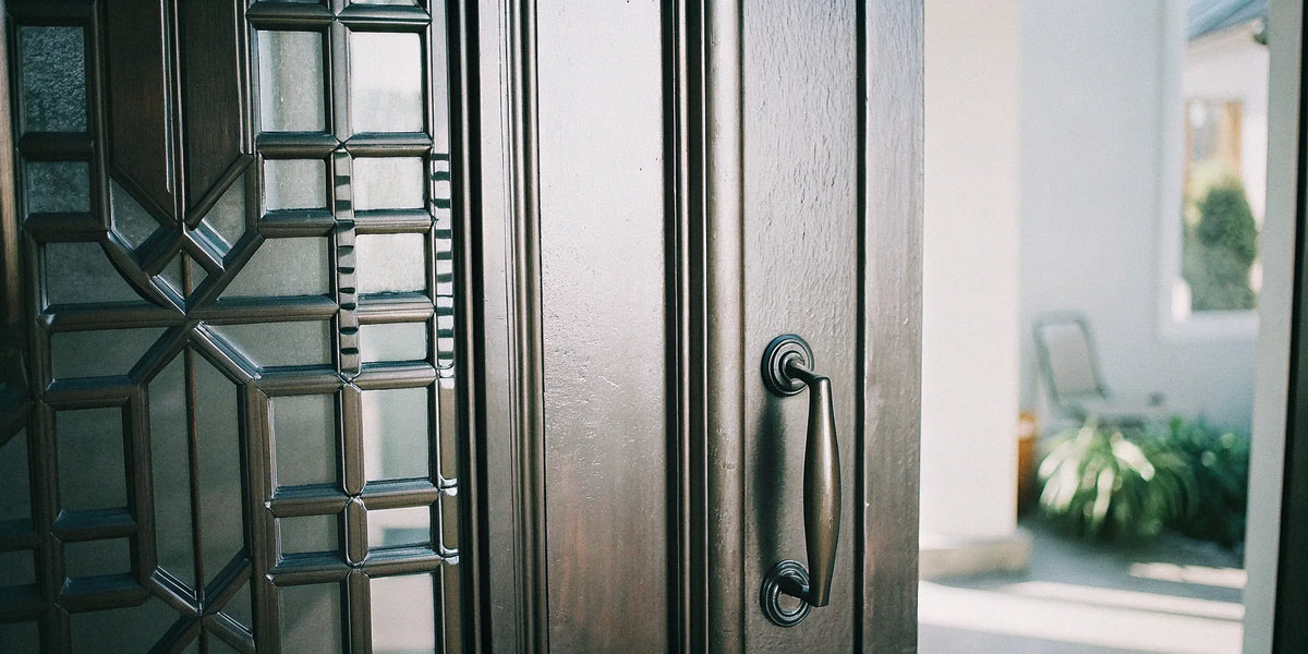 A custom steel door with a vertical glass panel and security lever handle.
