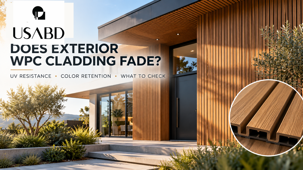 Contemporary exterior WPC fluted cladding façade with USA Builders Depot approved logo