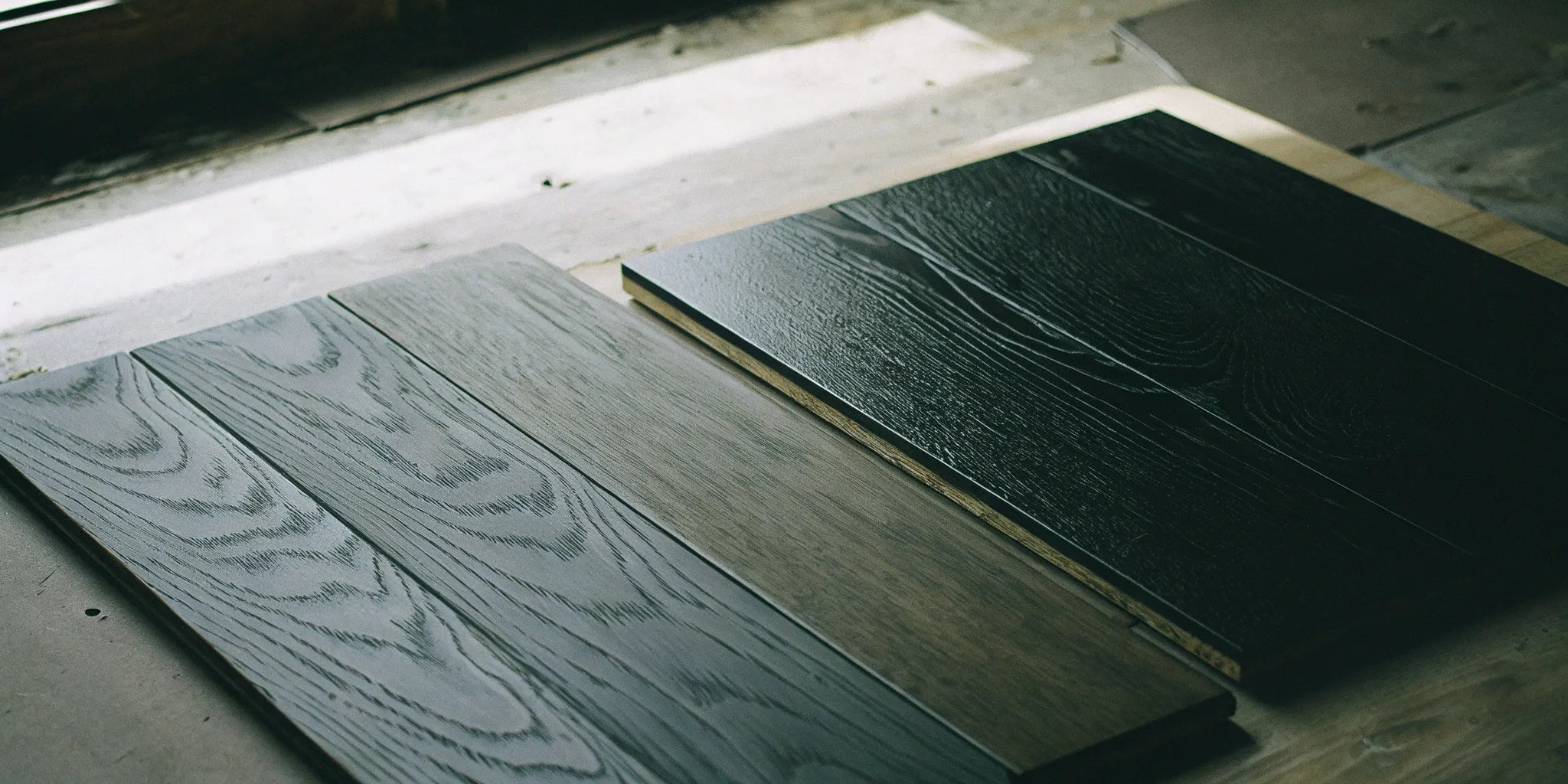 Engineered hardwood vs. laminate flooring samples.