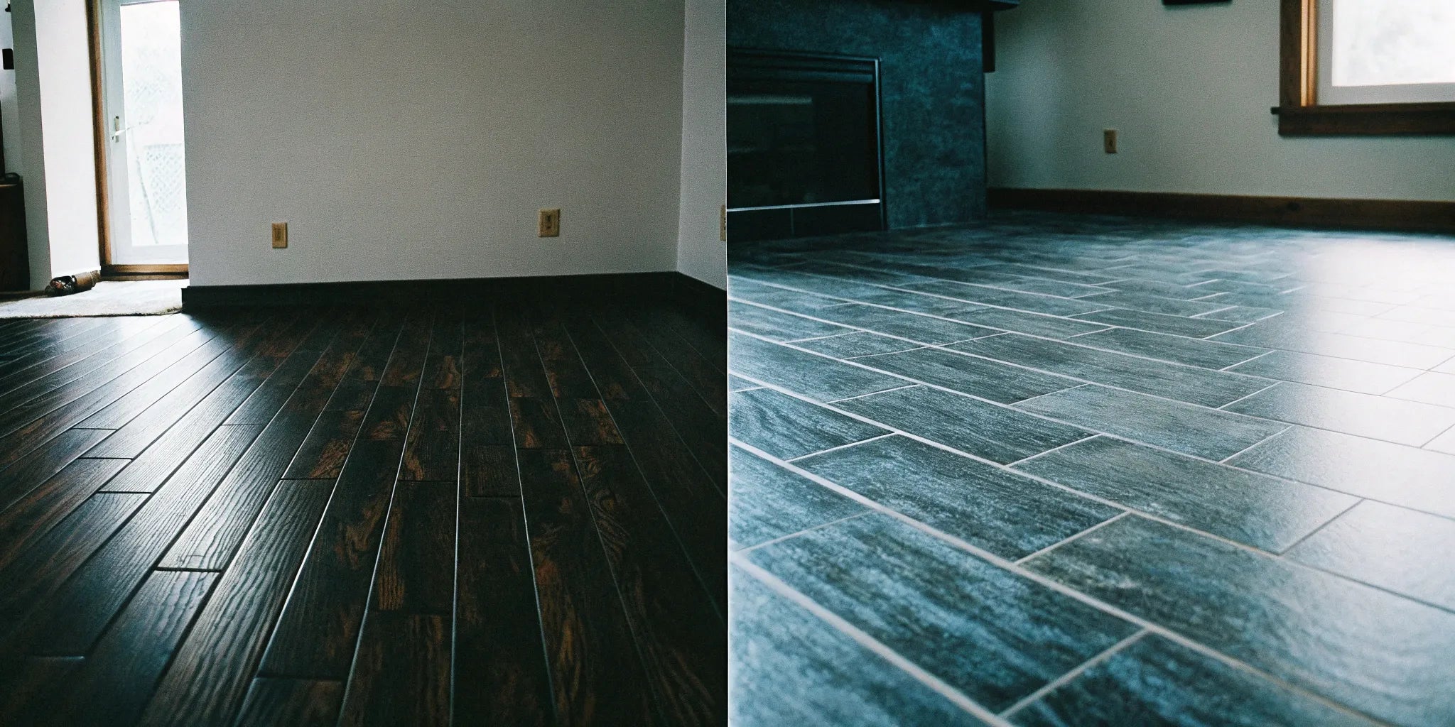 Engineered hardwood vs LVP flooring in a side-by-side comparison of texture and color.