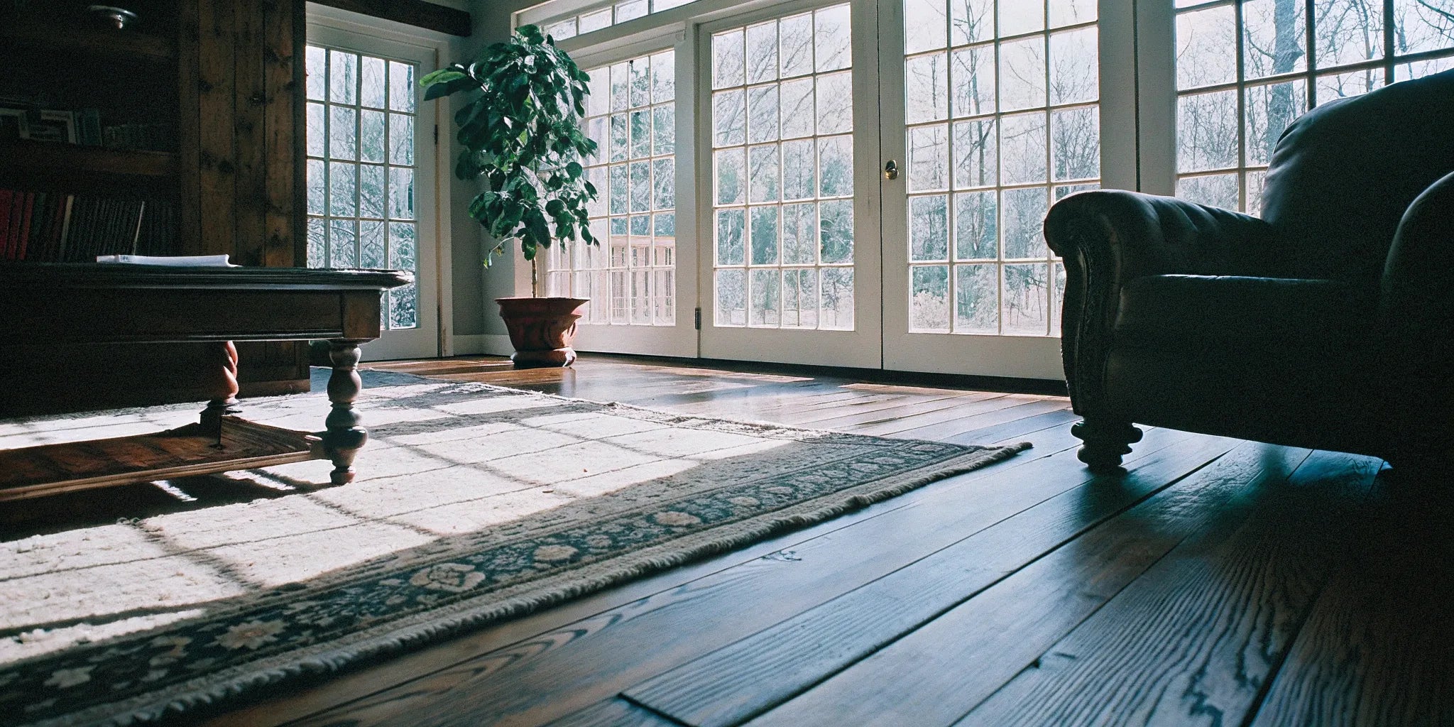 Wide plank engineered oak flooring in a sunlit living room.