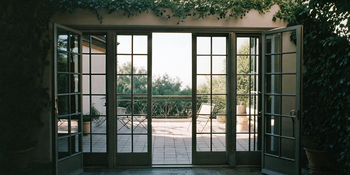 A pair of exterior metal French doors for sale opening onto a furnished patio.