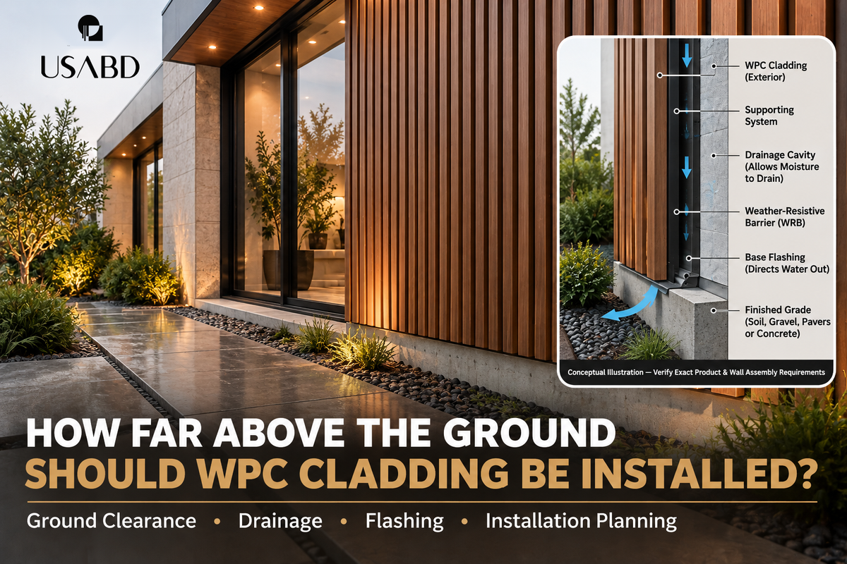 Exterior walnut WPC fluted cladding above landscaped grade with conceptual drainage and base flashing details
