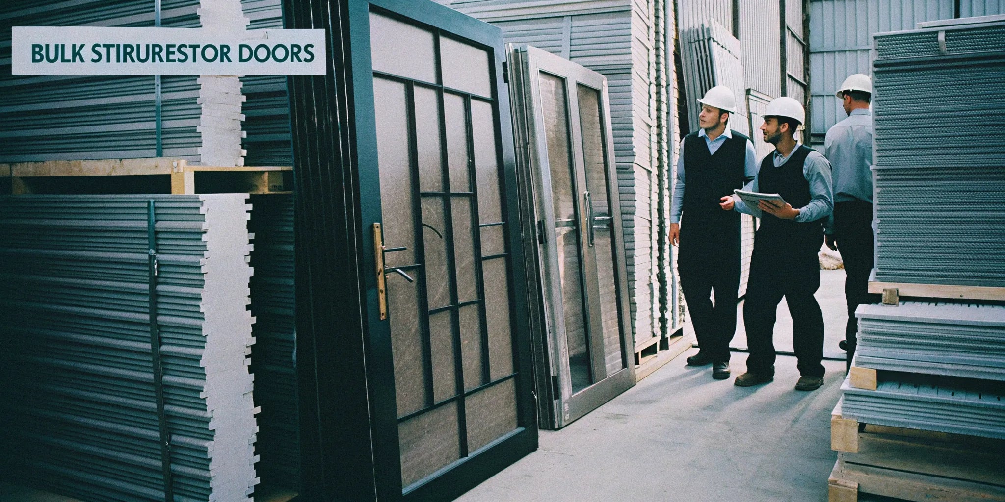 Contractors inspecting steel doors in a warehouse for a bulk order discount.