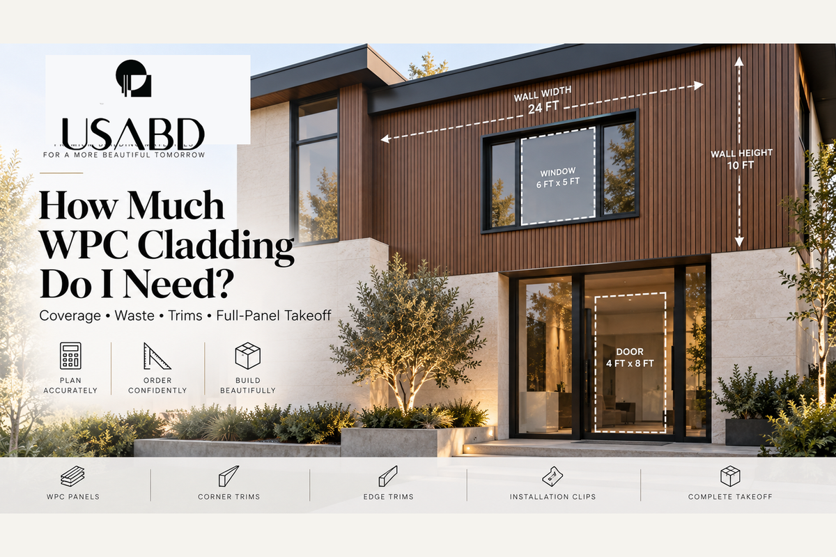 WPC cladding takeoff guide with wall measurements and approved USABD branding