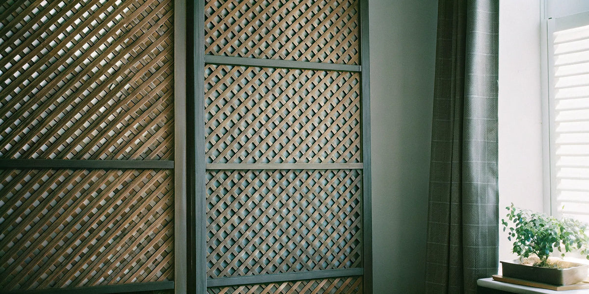 Decorative 4x8 slat wood panels installed on a modern living room accent wall.