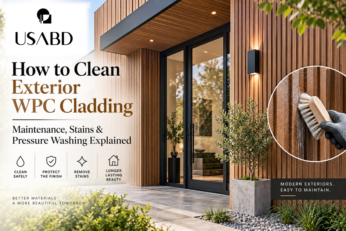 USA Builders Depot exterior WPC cladding maintenance guide with approved logo