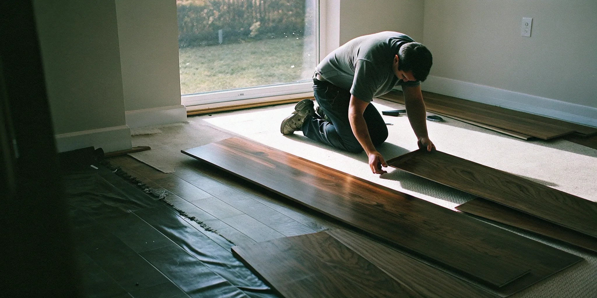 A person installing engineered hardwood flooring on a prepared wood subfloor.