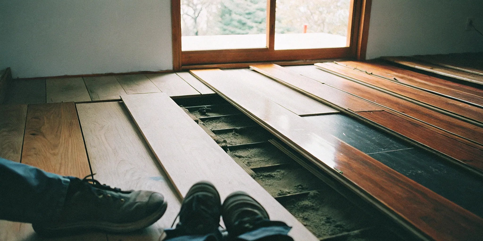 Installing engineered wood flooring planks over a plywood subfloor.