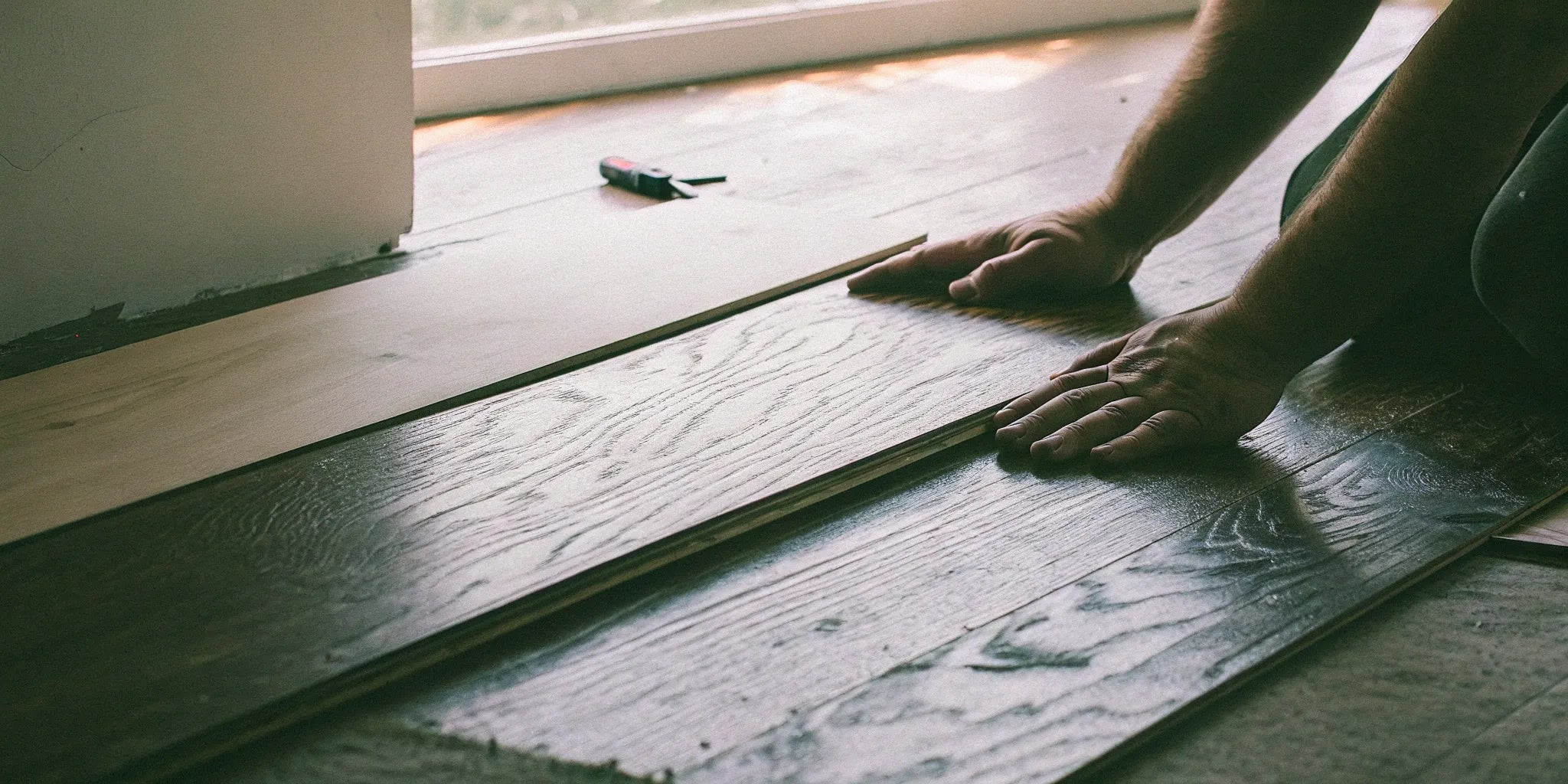 Installing engineered hardwood flooring planks.