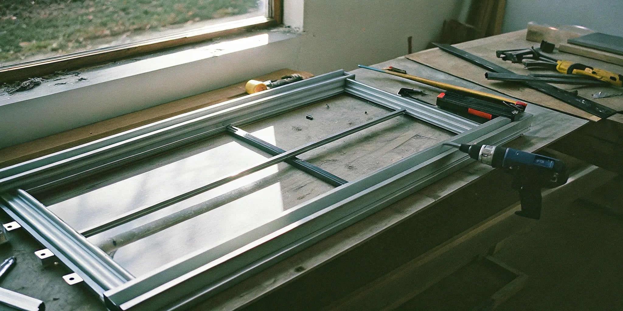 Metal window frame kit components and installation tools on a workbench.