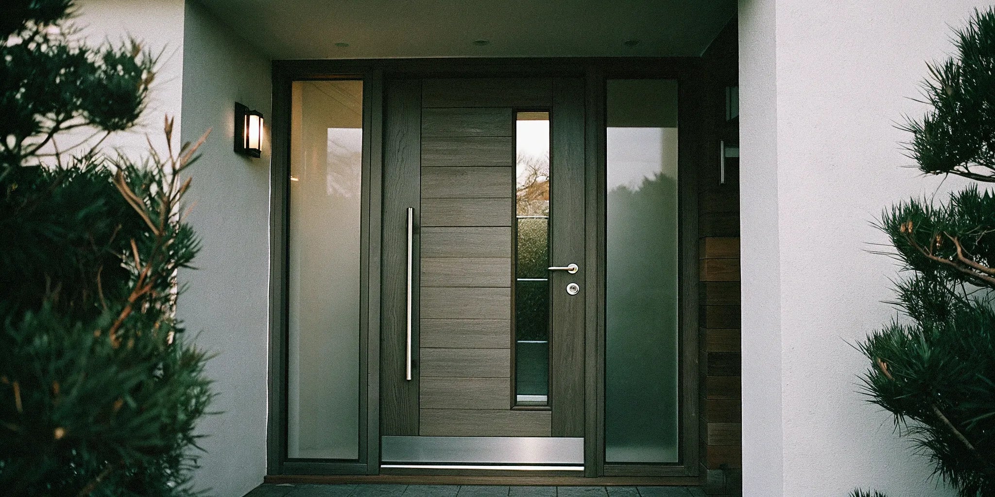 A sleek modern front door with one sidelight and frosted glass panels.