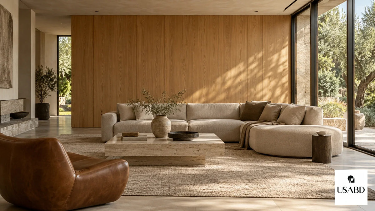 Luxury living-room concept with a natural wood veneer feature wall, linen sofa, travertine coffee table and garden-facing windows.