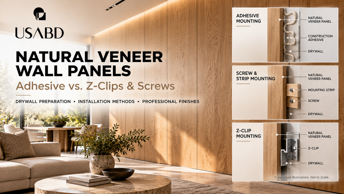 Natural white oak veneer feature wall and conceptual comparison of adhesive, screws and strips, and Z-clip mounting