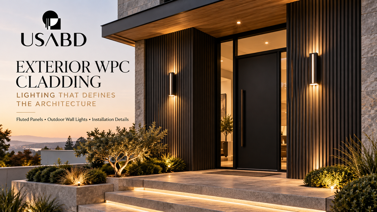 Modern home entrance featuring black steel doors, charcoal exterior fluted WPC cladding and warm architectural wall sconces