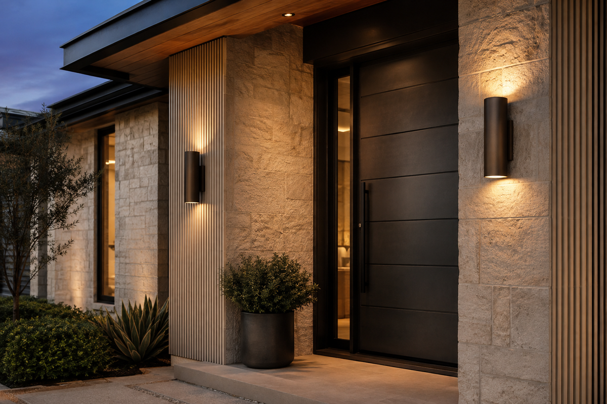 Modern exterior wall sconces illuminating a black entry door, pale stone, and fluted cladding at dusk
