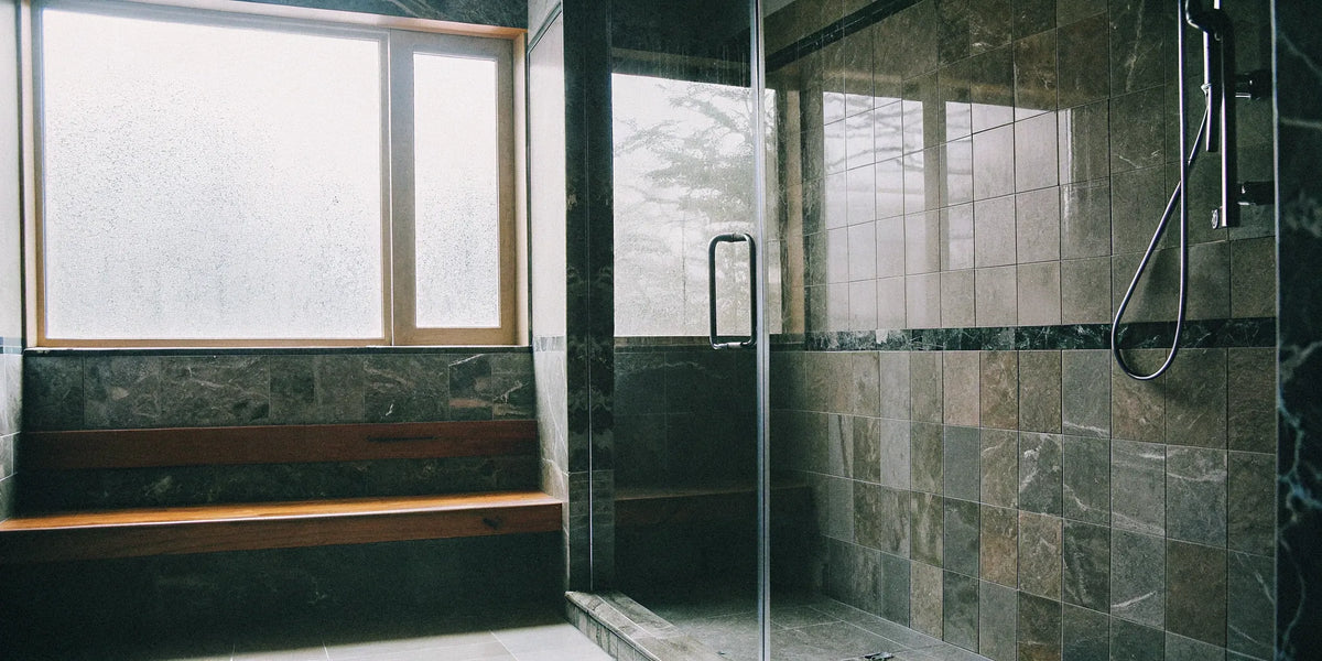 Porcelain slab shower walls create a sleek, modern bathroom.