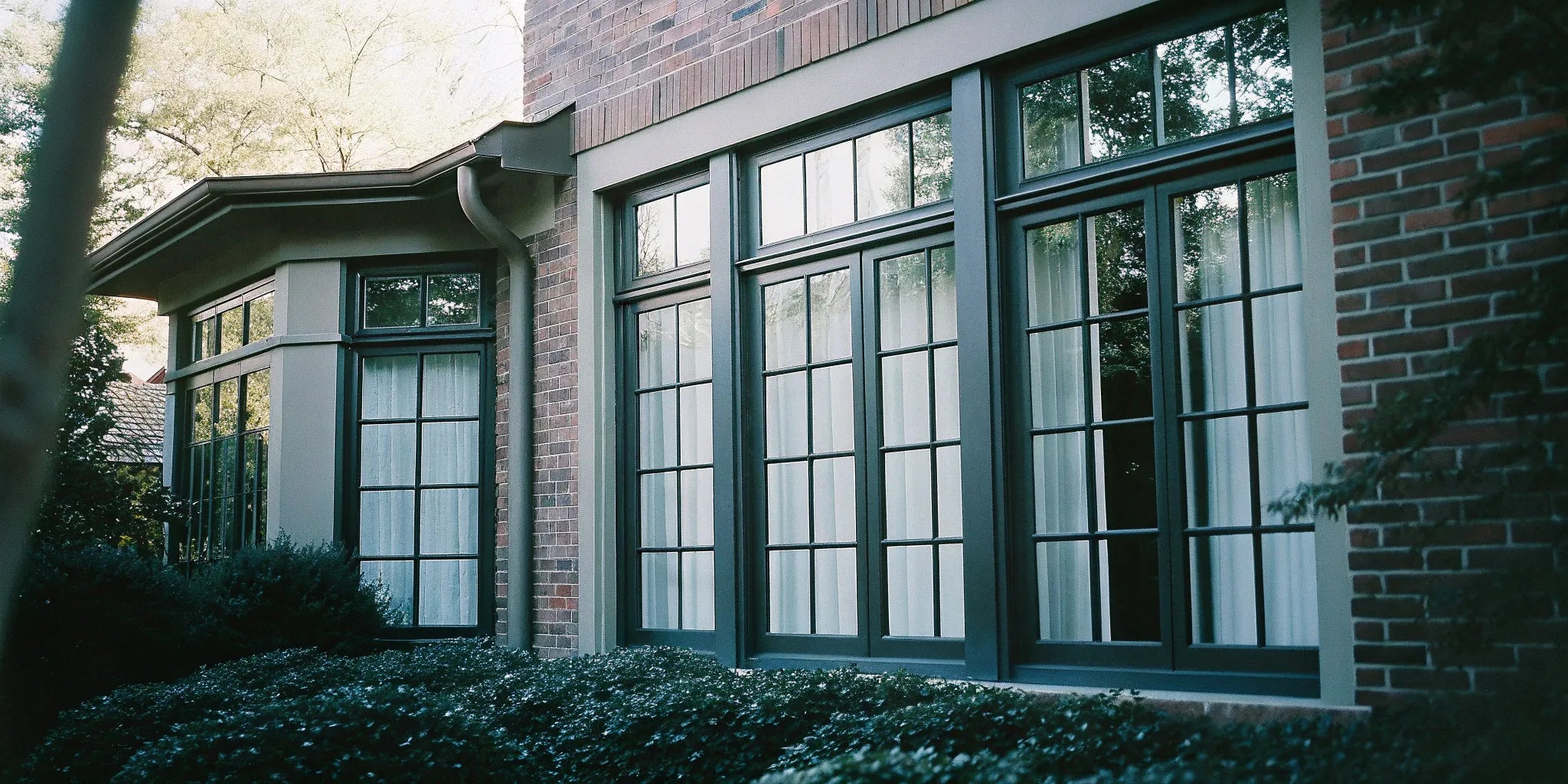Sleek residential metal windows with black frames on a modern brick home.