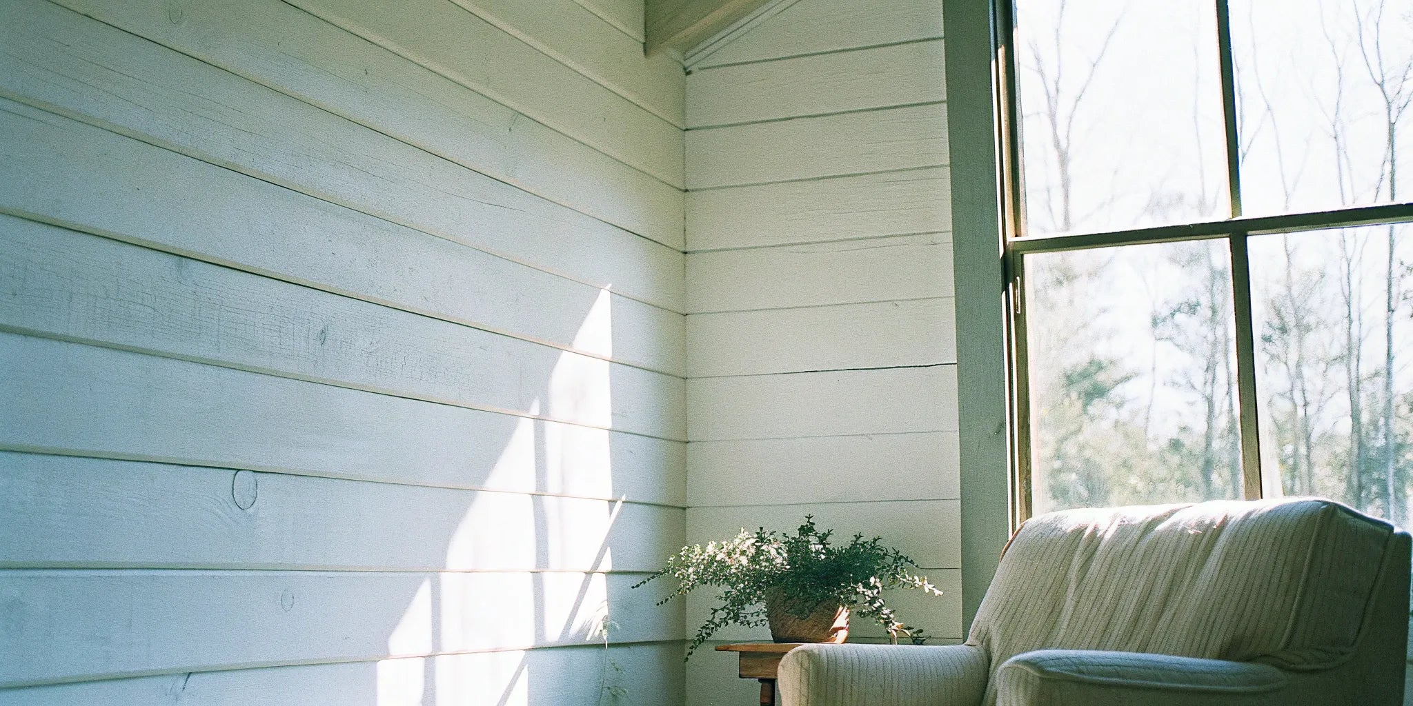 4x8 shiplap paneling sheets installed on a sunlit accent wall in a modern room with a chair.