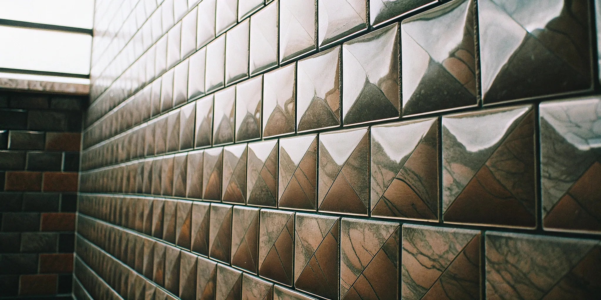 Modern wall with glossy brown slab tiles creating a seamless, durable surface.