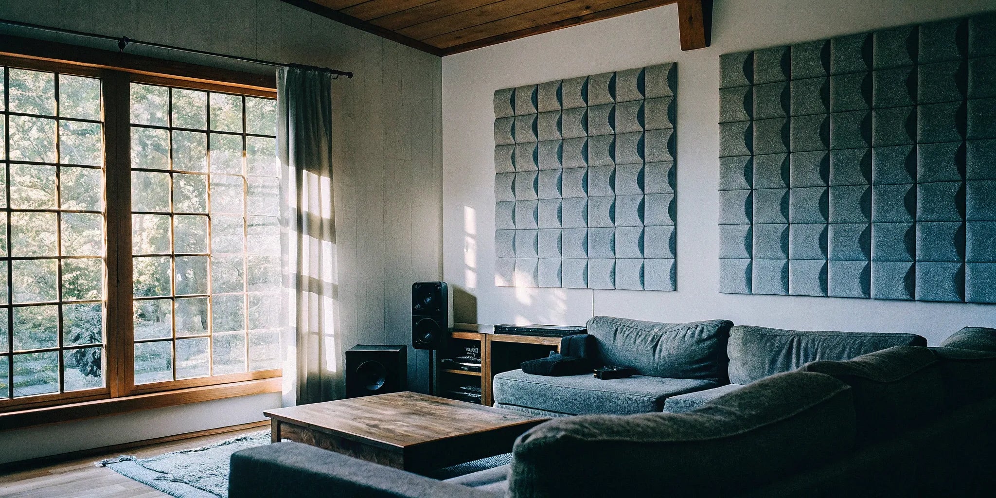 Gray sound absorbing panels for home on the wall of a modern living room.