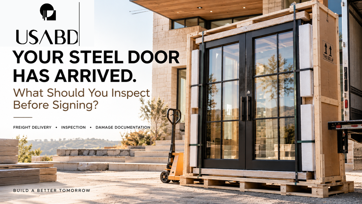 Large double steel entry door prepared for freight receiving inspection at a residential construction site