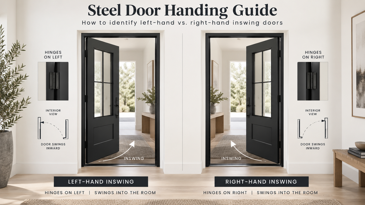 Steel door handing guide showing left-hand and right-hand inswing configurations