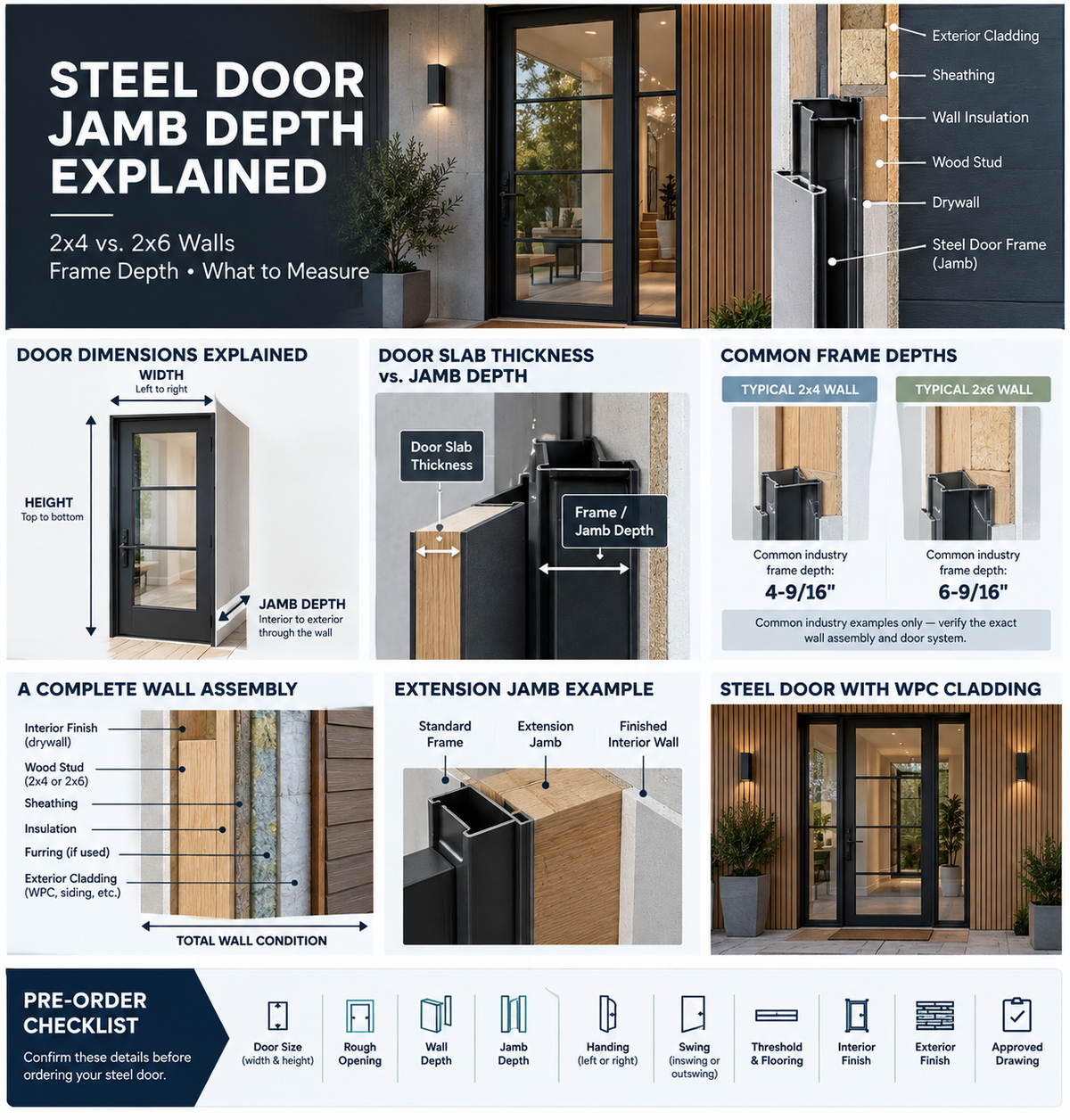 Steel door jamb depth infographic comparing 2x4 and 2x6 walls, frame depth, wall assembly, extension jambs, and pre-order measurements