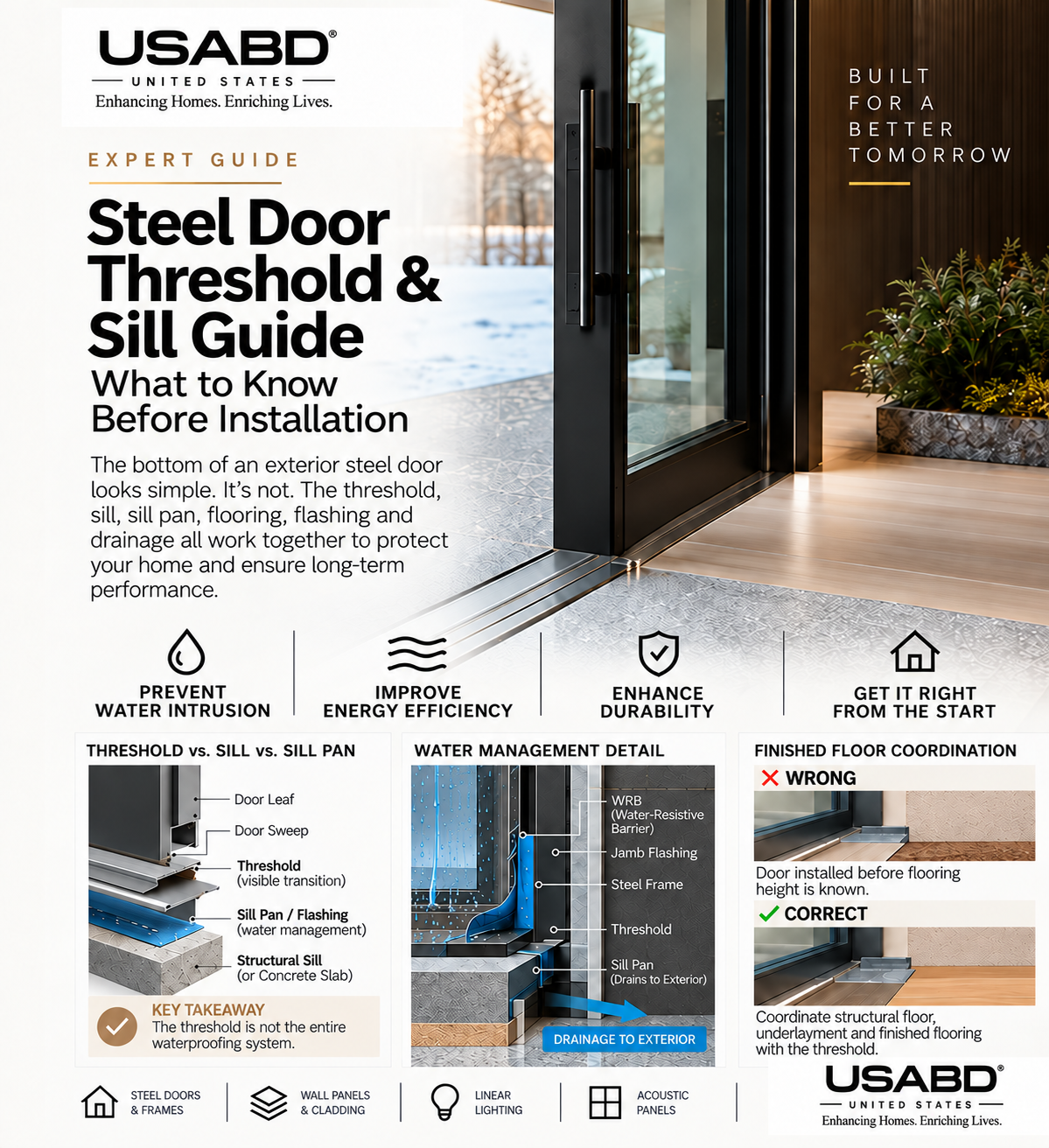 USA Builders Depot steel door threshold and sill guide with drainage, sill pan and finished floor coordination