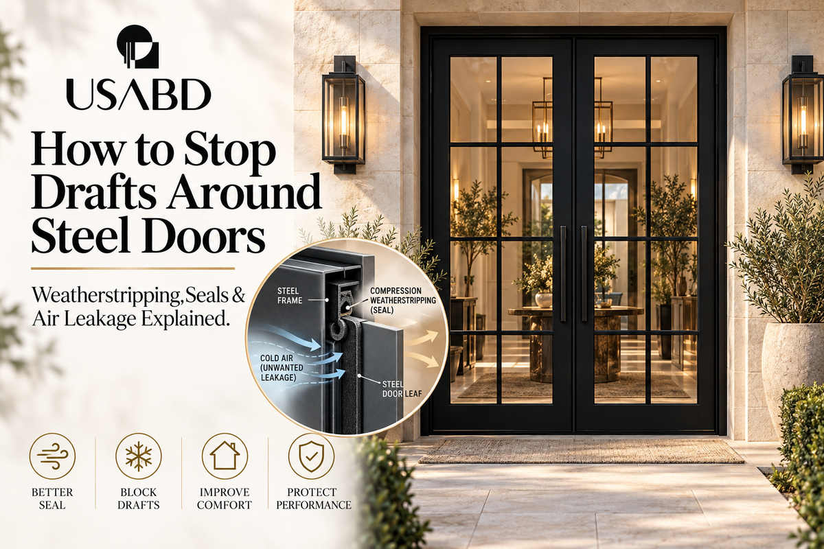 USA Builders Depot architectural double steel entry door with weatherstripping detail