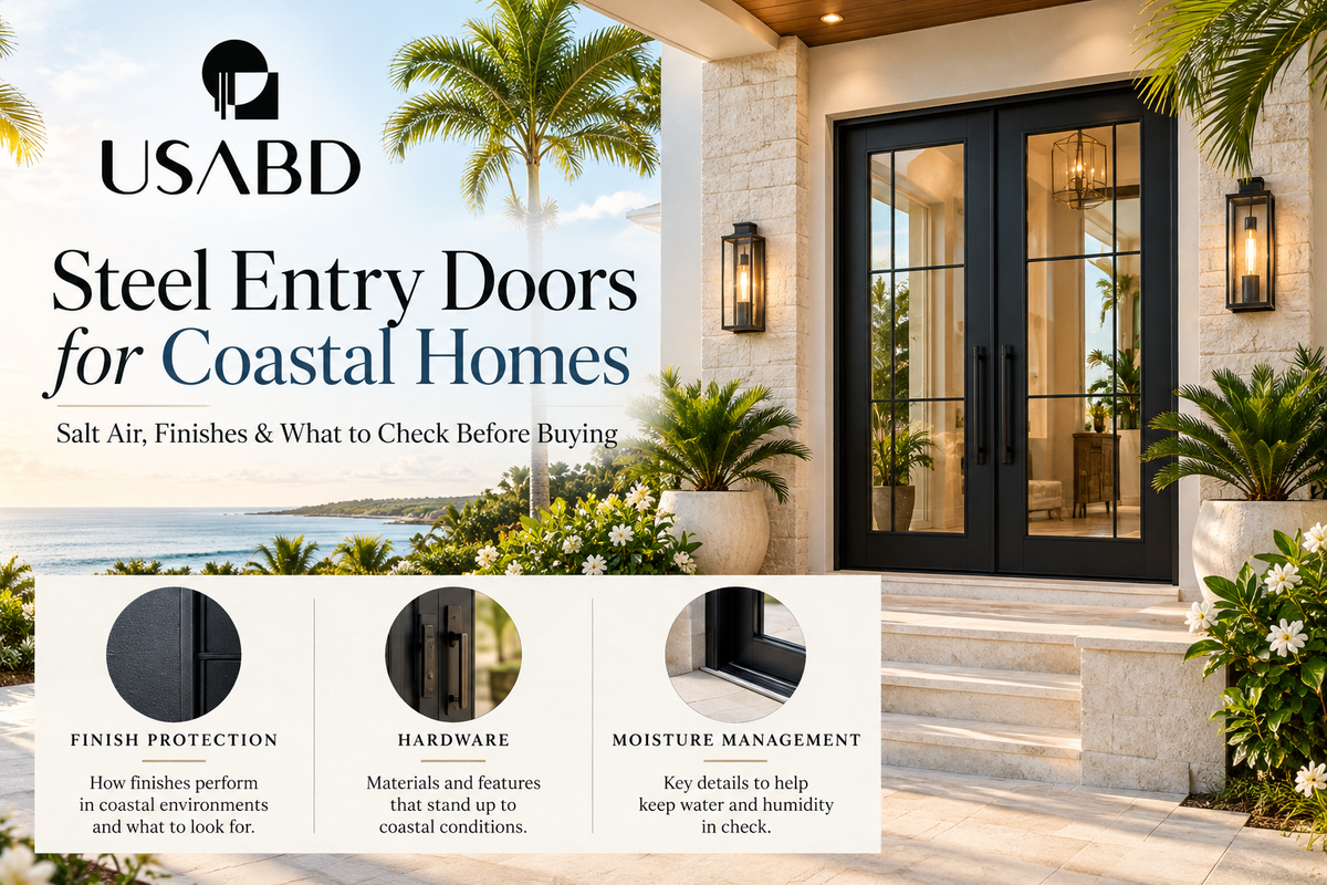 USABD guide to steel entry doors for coastal homes, with architectural black steel entry door and coastal setting