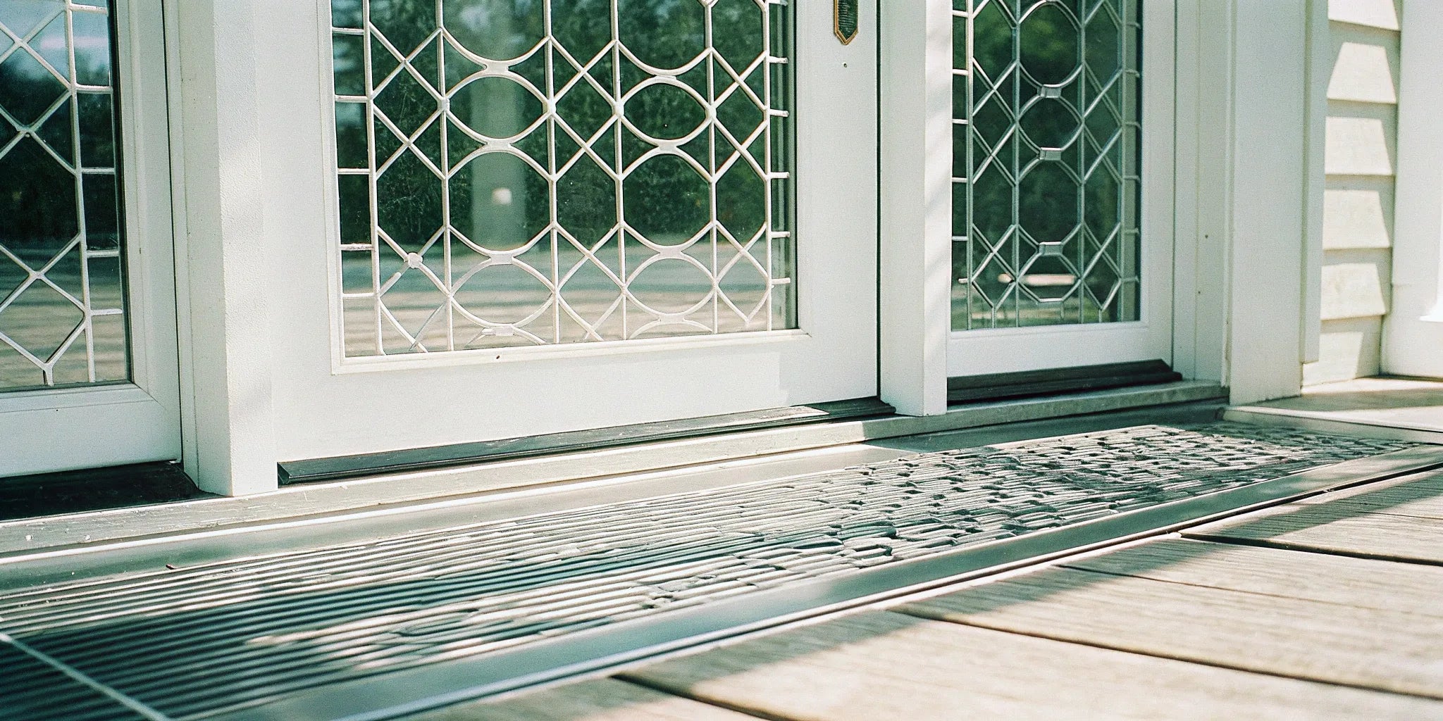 Secure steel entry door with glass panels.