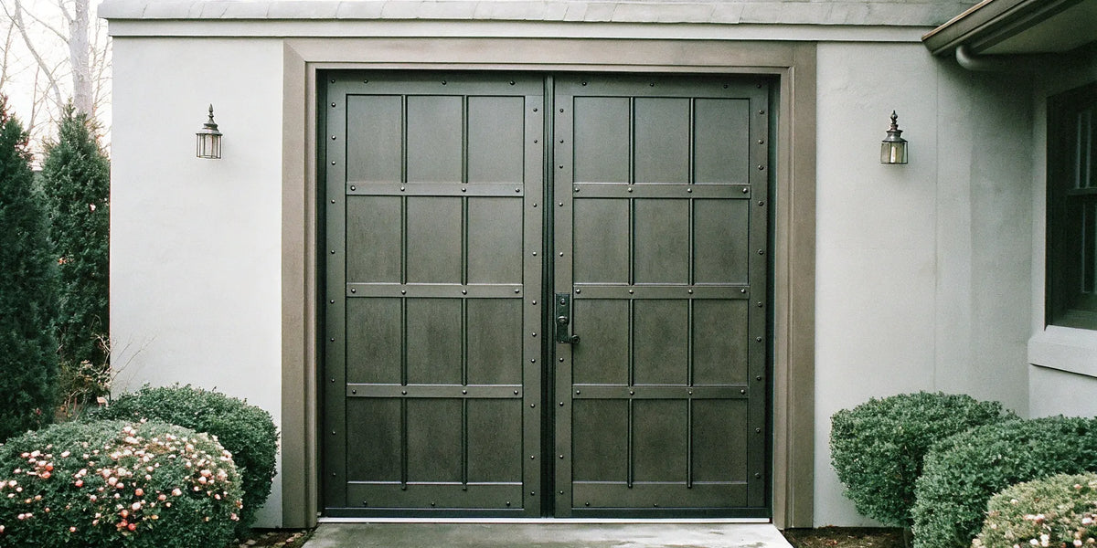 Classic double steel front doors with secure hardware for a residential home.