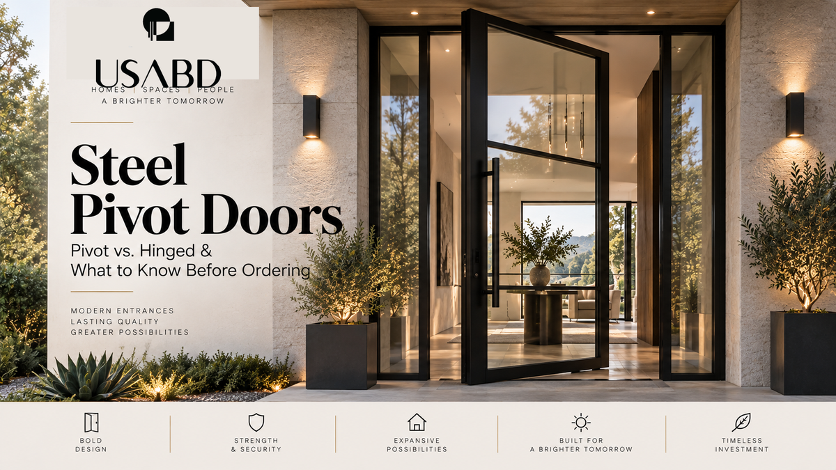 Steel pivot door at a modern luxury entrance with approved USABD branding