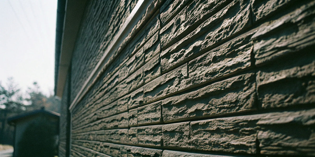 Textured stone wall panels on the exterior of a modern house.